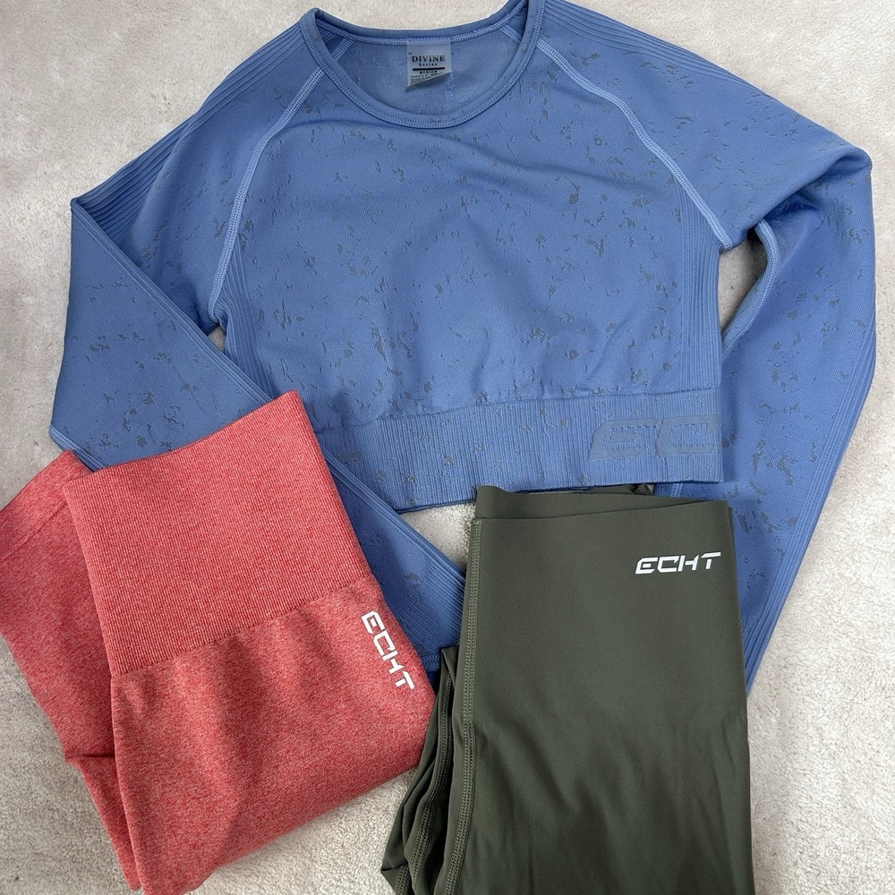 Echt Legging & Long Sleeve Crop Top Lot Of 3 Green Pink Blue Seamless EUC Medium